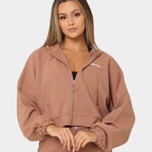 NWT Ellesse Campenelle Tan Ribbed Zip Up Cropped Hoodie Size Small